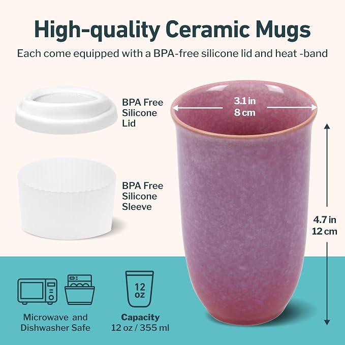 NOVA CERAMICS Coffee Travel Mug – Cup Holder Friendly Travel Mug– Microwave & Dishwasher Safe White & Purple Tumbler - Coffee Mug Fits In Cup Holder – 12oz – Astral Bloom - Image 3