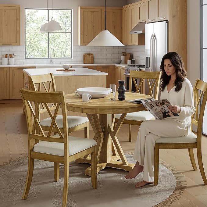 HULALA HOME Rustic Farmhouse Dining Chairs Set of 2, Solid Wood Frame in Natural, Double Cross Back, Upholstered Cushions for Kitchen or Dining Room, Natural - Image 2