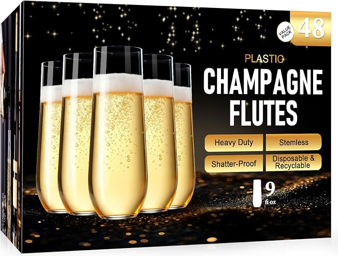 Guanqiao 48 Pack Stemless Plastic Champagne Flutes, 9 oz Clear Disposable Plastic Glasses, Heavy Duty Shatterproof Recyclable Mimosa Glasses for Party Wine Tasting Wedding New Years Eve Party Supplies by GuanQiao