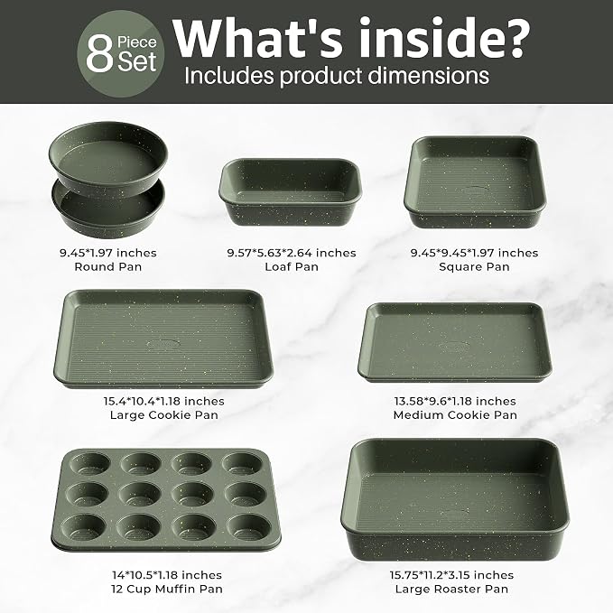 8-Piece Nonstick Bakeware Set, Stackable Oven Pan Set, Baking Pans Set | Includes Baking Sheet, Muffin Pan, Cake Pan, Square Pan, Loaf Pan, Cookie Sheet & Cooling Rack (Ceramic Coated Green) - Image 3