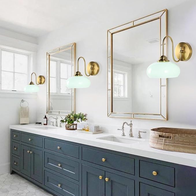 Mid Century Wall Sconce Green Glass Globe Wall Lamp for Dining Room Modern Gold Semi Flush Mount Hard-Wired Wall Light Fixture for Hallway, Kitchen, Indoor Use - Image 6