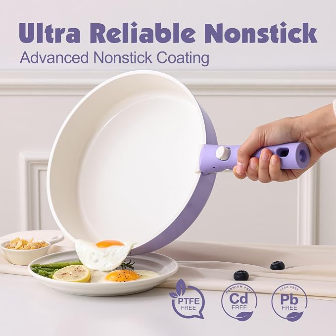 SENSARTE 17 Piece Ceramic Detachable Handle Pots and Pans Set Purple | Ceramic Cookware Set, Induction Cookware Set with Removable Handle, Healthy Non Stick for RV, Dishwasher ＆ Oven Safe - Image 4