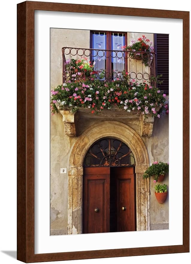 ART.COM Wall Photo Balcony Flowers and Doorway in Pienza Tuscany Italy on Brown Frame by Julian Castle, 17" x 23" by ART