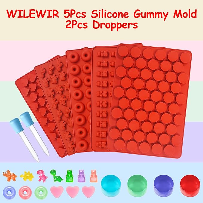 Gummy Bear Mold Silicone for Gummies Candy,5Pcs Gummy and Chocolate Molds Silicone for Kid Including Mini Bear, Dinosaur, Round, Hearts,Donut with 2 Droppers