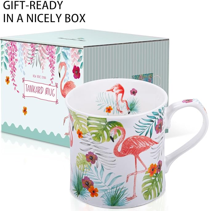 Flamingo Coffee Mug, Pink Flamingo & Tropical Plants Ceramic Mug, 12oz New Bone China Tea Mug, Birthday & Summer Gift for Women & Girls, Designed in England by Harvest Green Studio - Image 5