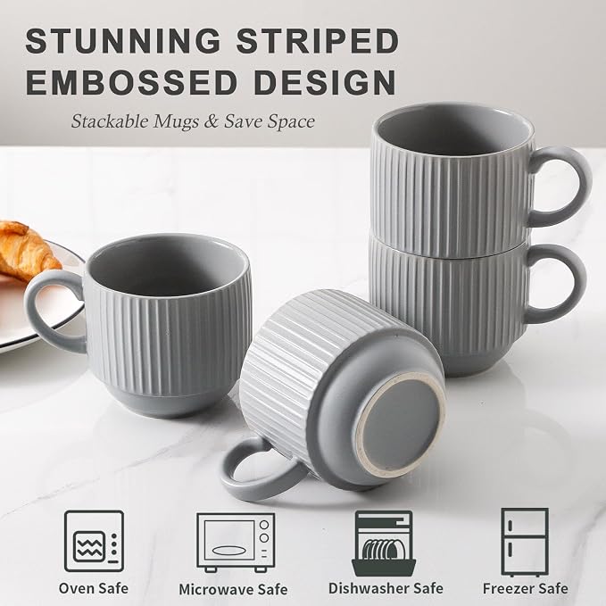 Hasense Coffee Mugs Set, Stacking Tea Cups Set of 4 with Holder - 15 oz Large Ceramic Ribbed Latte Cup Set for Cappuccino, Tea, Hot Cocoa, Drinks - Dishwasher & Microwave Safe, Grey - Image 4