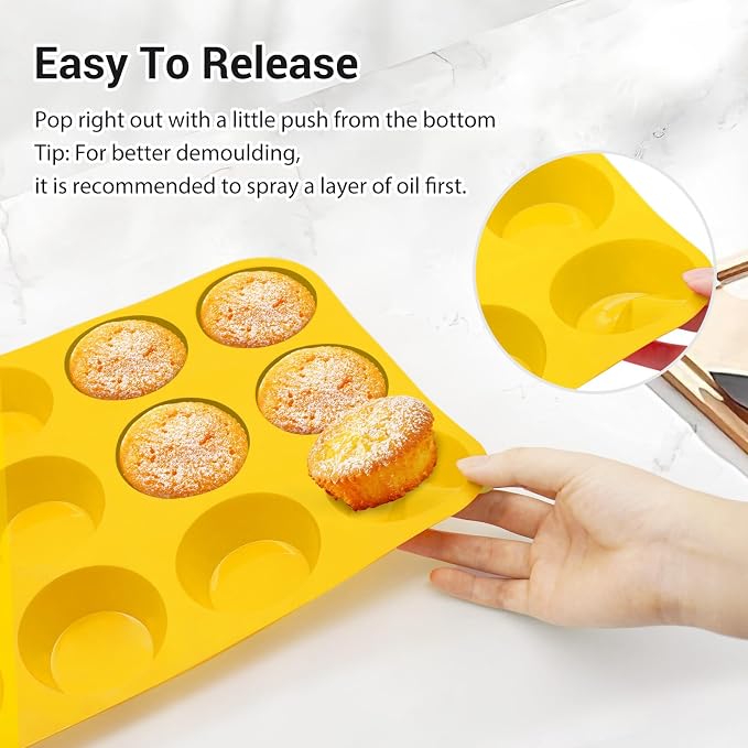 Redfly 2 Pack Silicone Muffin Pans for Baking & Cupcake Pan - 12 Cup Regular Size Silicone Molds, BPA Free Egg Bites Mold,Yellow - Image 5
