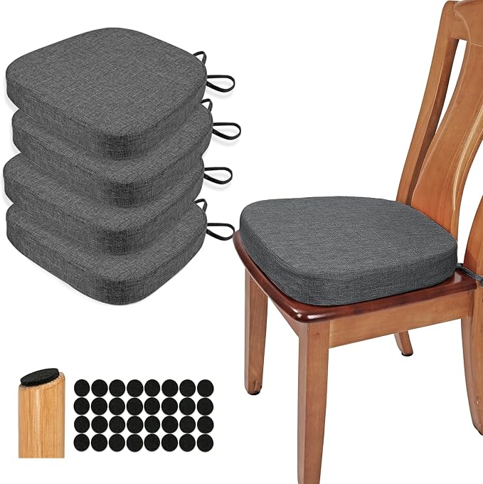 BUYUE Thickened 2.5" Dining Chair Cushions Set of 4, U-Shape High Density Foam Comfortable Chair Pads for Kitchen, Slip Resistant Indoor Seat Cushions (4 PCS, Dark Gray) by BUYUE