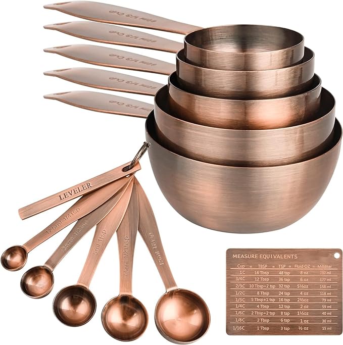 Smithcraft Measuring Cups and Spoons Set, 12 Pieces Stainless Steel Measuring Cup Set, Metal Copper Measuring Cups Spoons, Dry & Liquid Kitchen Measure Cup Spoon & Leveler & Measure Equivalents