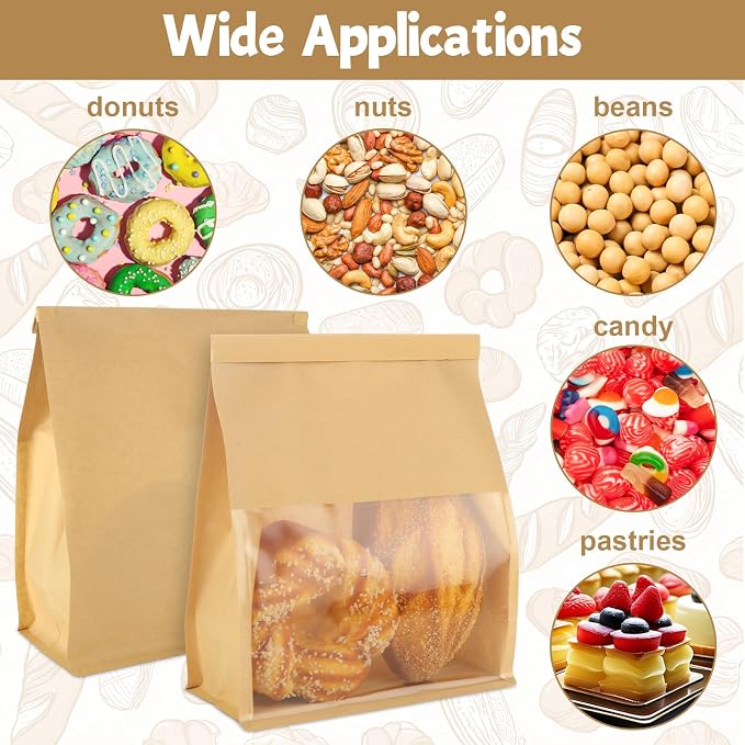QTLCOHD 100 Pcs Bakery Bags with Window - 8.2 x 3.9 x 9.4 Inch Tin Tie Tab Lock Sourdough Paper Bread Bags for Homemade Bread, Cookie, Pastry, Treat Packaging, Brown - Image 5