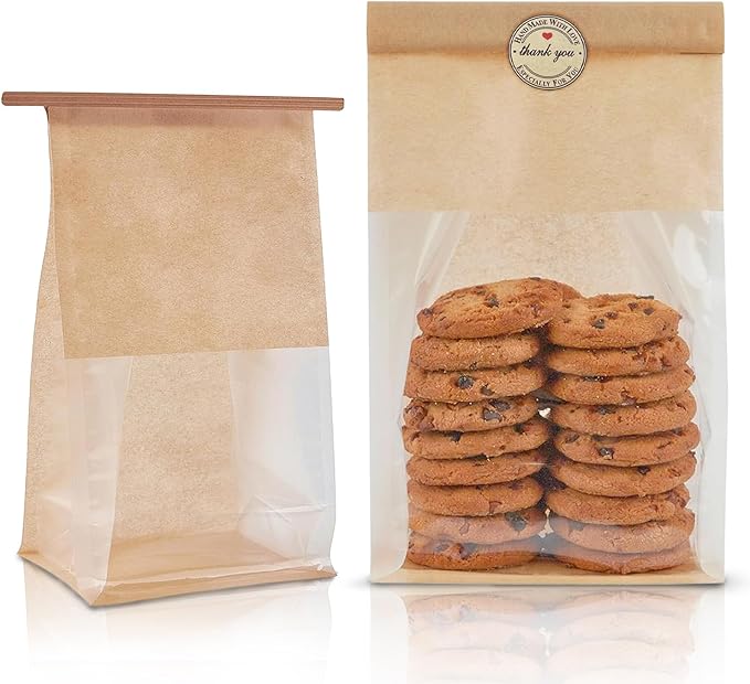 O’Creme 50 Pcs. Small Bakery Bags with Window, Cookie Bags Brown Paper Bag with Resealable Tin Tie Tab for Cookies, Treats, Baked Goods, Muffins, Pastries, Granola, Coffee Beans (11”x5”x4”) - Image 2