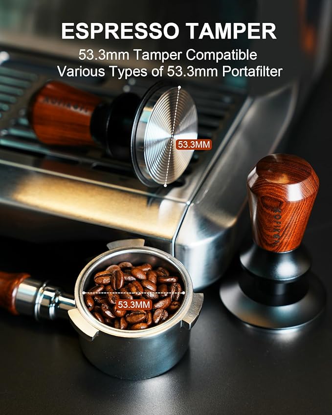 53.3mm Espresso Tamper, Coffee Tamper with Stainless Steel Ripple Base, Barista Espresso Coffee Tamper with 30lbs Spring Loaded and Rosewood Handle Fits for Breville Series 54mm Portafilter