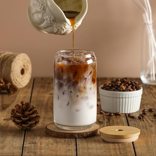 VITEVER [ 20pcs Set ] Glass Cups with Bamboo Lids and Glass Straw - Beer Shaped 16 oz Iced Coffee Drinking Glasses, Cute Tumbler Cup for Smoothie, Boba Tea, Whiskey, Water - Image 6