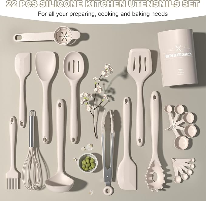 Umite Chef 22-Piece Silicone Cooking Utensils Set，Heat Resistant & Dishwasher Safe Kitchen Tools, Black Non-Scratch Spatula Set for Nonstick Cookware (Khaki) - Image 5