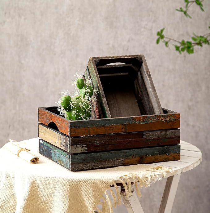 TIMRIS Set of 3 Rustic Distressed Wood Nesting Crates, Farmhouse Decorative Wooden Storage Boxes, Large Vintage Reclaimed Wood Baskets for Display (Random) - Image 2
