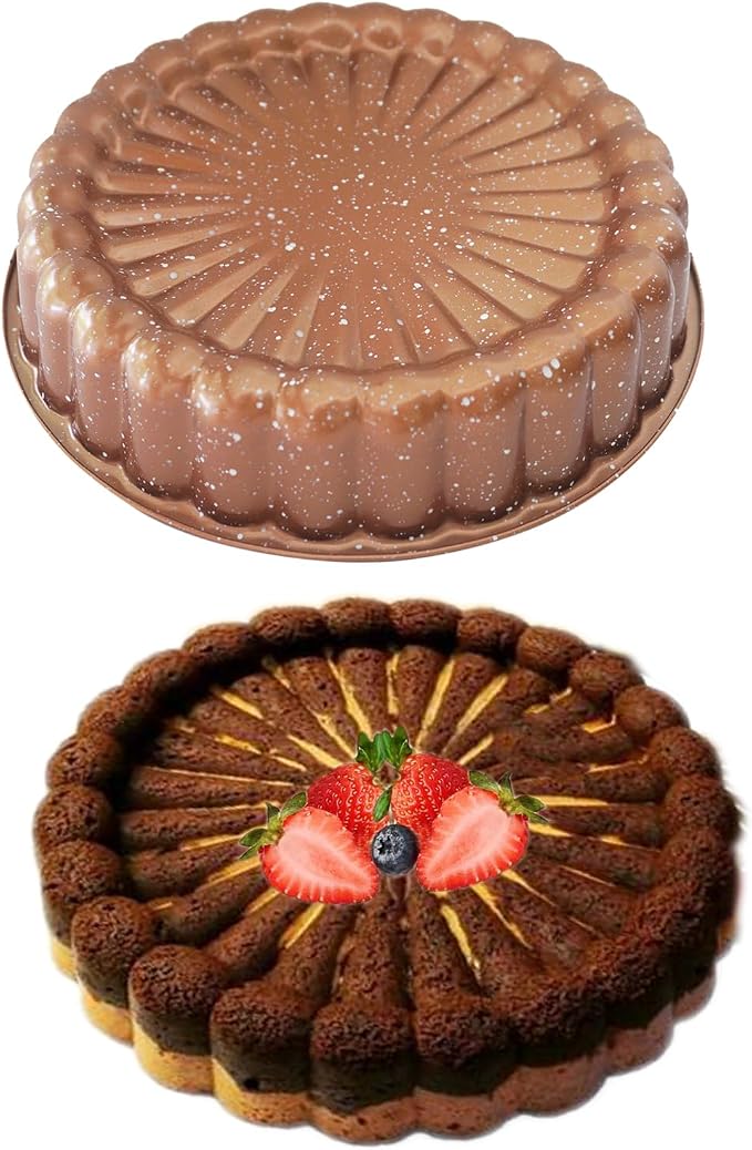Nonstick Charlotte Cake Mold, 10 Inch Flower Shape Round Baking Pan | Carbon Steel Fluted Cake Tray, Decoration 3D for Jello, Pound Cakes - Coffee Gold, 1PC - Image 3
