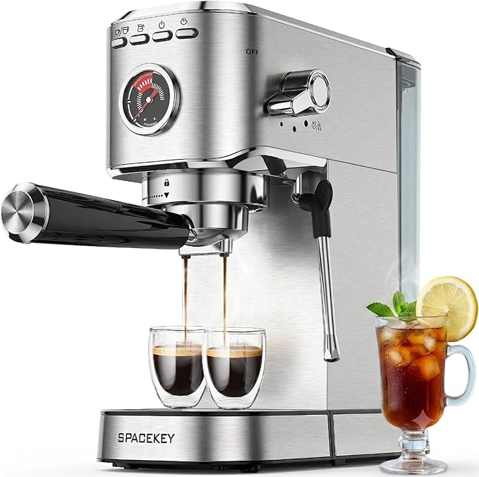 Spacekey Espresso Machine with Milk Frother, 20 Bar Compact Expresso Coffee Machines for Home, Stainless Steel Espresso Maker with 39oz Removable Water Tank for Cappuccino Latte, Fast Heating, Silver by SpacekeyDirect