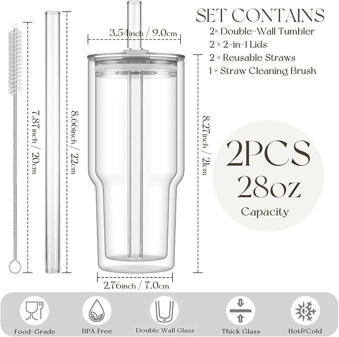 KEMORELA 28 oz Double Wall Glass Tumblers Set of 2, Extra-Wide 13mm Reusable Drinking Straws, Boba Tumbler, Wide-Mouth Water Cups for Iced Coffee, Smoothies, Boba & Tea Lovers (Clear) - Image 3