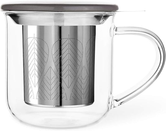 VIVA Minima Eva Glass Tea Cup with Mesh Infuser - Coffee Mug With Porcelain Lid/Saucer - 14 oz / 400 ml, Wool