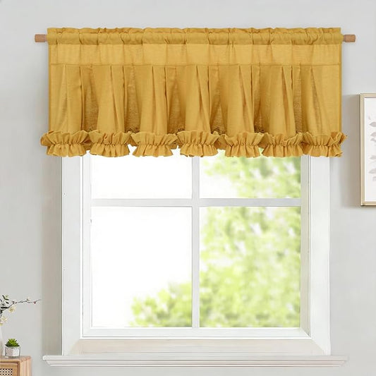 Likiyol Linen Valances for Windows Farmhouse Window Valances with Ruffle Rustic Country Light Filtering Kitchen Valance Curtains Rod Pocket Valance for Bathroom Cafe, Yellow, 52" W X 18" L by Likiyol