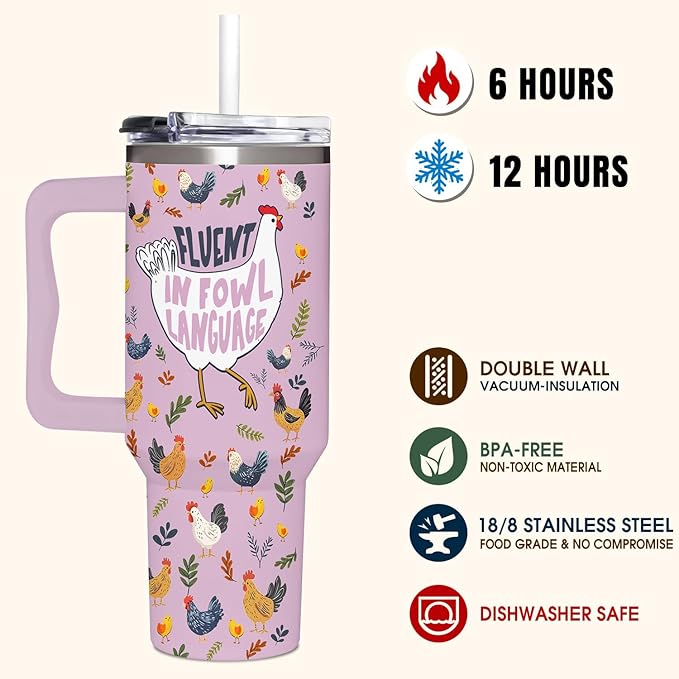 Chicken Gifts for Women - Christmas, Birthday, Mothers Day Gifts Idea for Chicken Lovers - Chicken Themed 40oz Tumbler with Handle