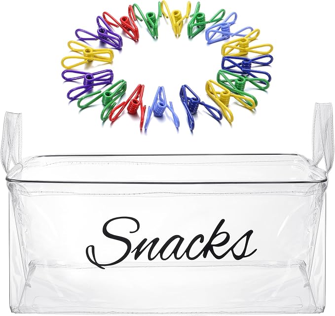 17 Pcs Snack Basket Sets, Snack Storage Bin for Pantry Shelves with 16 Pcs 2 Inch Chip Clips, Basket Organizer for Kitchen Home, Chips, Popcorn, Candy, Pretzels (PVC,Clear) by Newtay
