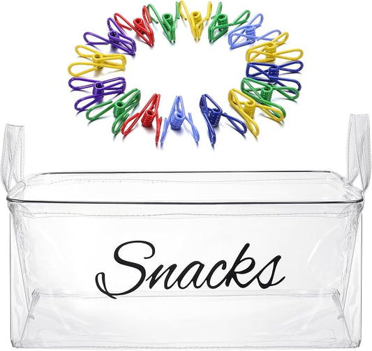 17 Pcs Snack Basket Sets, Snack Storage Bin for Pantry Shelves with 16 Pcs 2 Inch Chip Clips, Basket Organizer for Kitchen Home, Chips, Popcorn, Candy, Pretzels (PVC,Clear) by Newtay