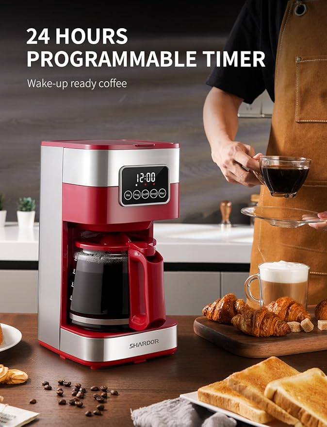SHARDOR 10-Cup Programmable Coffee Maker, Regular & Strong Brew Drip Coffee Machine for Home and Office, Auto Shut Off, Permanent Filter (red) - Image 3