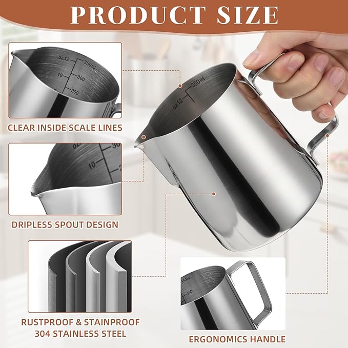 4 Pcs Espresso Accessories Kit Includes Espresso Cups with Handle, 12 oz Milk Frothing Pitcher and Latte Art Pen Stainless Steel Cappuccino Machine Accessories for Barista Coffee Bar
