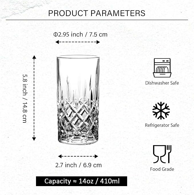 Highball Glasses Collins Tall Beverage Set of 6, 14 Ounce Cups Glassware for Drinks, Water, Beer, Soda - Image 2