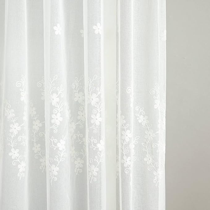 White Rod Pocket Sheer Curtains 96 inches Length, Embroidered Window Curtain Sheer Voile Panels for Living Room & Bedroom, 60x96, Two Panels - Image 5