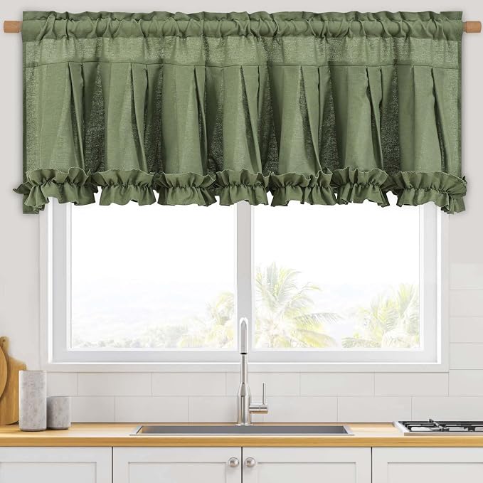 Likiyol Linen Valances for Windows Farmhouse Window Valances with Ruffle Rustic Country Light Filtering Kitchen Valance Curtains Rod Pocket Valance for Bathroom Cafe, Green, 52" W X 18" L - Image 3