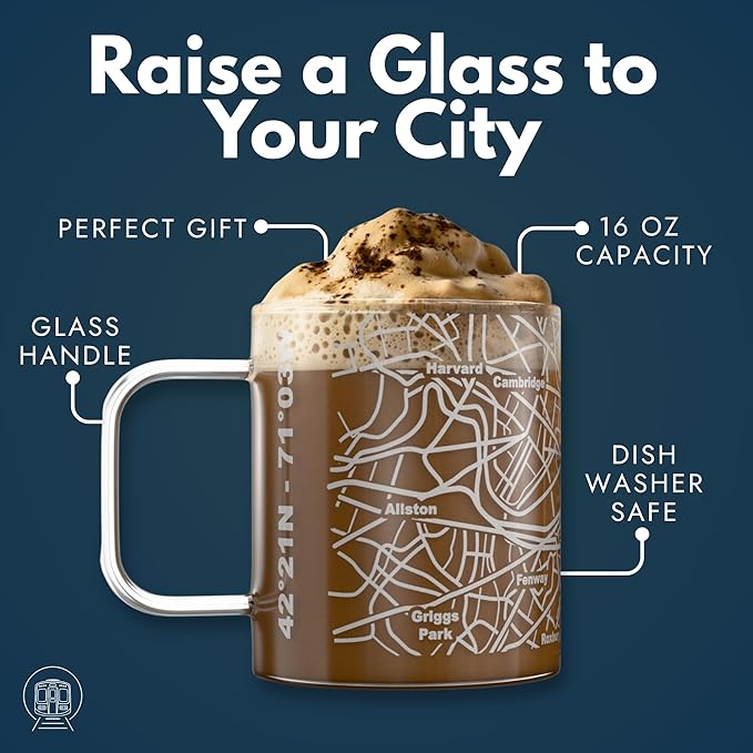 Greenline Goods – Boston, MA Map Glass Coffee Mugs (Set of 2), 16 oz – Etched Wrap Design