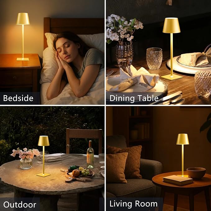 Yogaret Gold Rechargeable Cordless Table Lamp, Battery Operated, 2 Pack | 6000mAh battery lamps waterproof wireless portable design for outdoor patio, dining tables, kitchens, restaurants home bar - Image 2