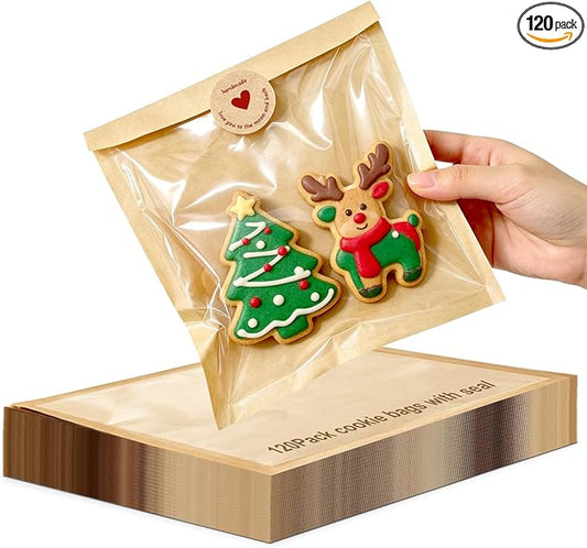 Individual Cookie Packaging Bags with Seal 120 Pack Bakery Bags for Cookies | 5.7x6.5 Inch Kraft Paper Cookie Bags with 120PCS Handmade Sticker Bakery Packaging Bags with Window for Candy Scone Brownie by Hostaque