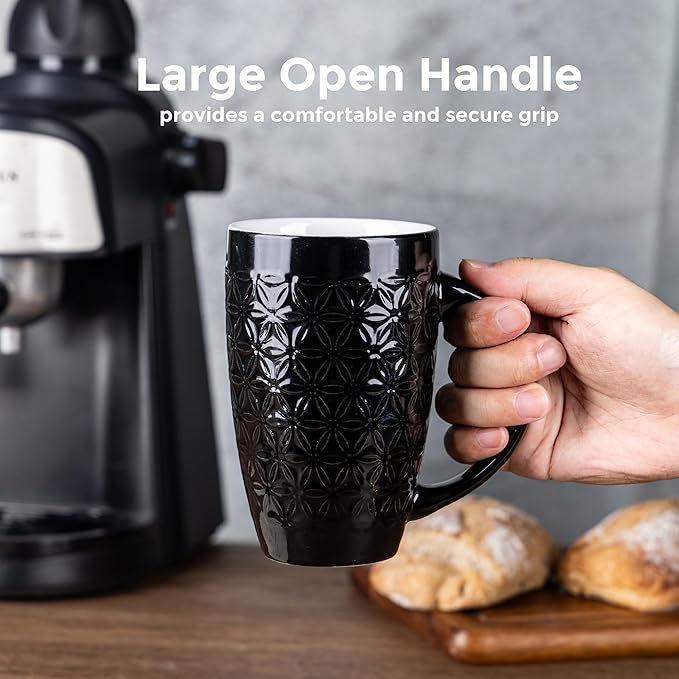 AmorArc Large Coffee Mugs Set of 6, 20oz Ceramic Tall Coffee Mugs Set with Textured Geometric Patterns for Latte/Tea/Beer/Hot Cocoa, Dishwasher & Microwave Safe, Black - Image 2