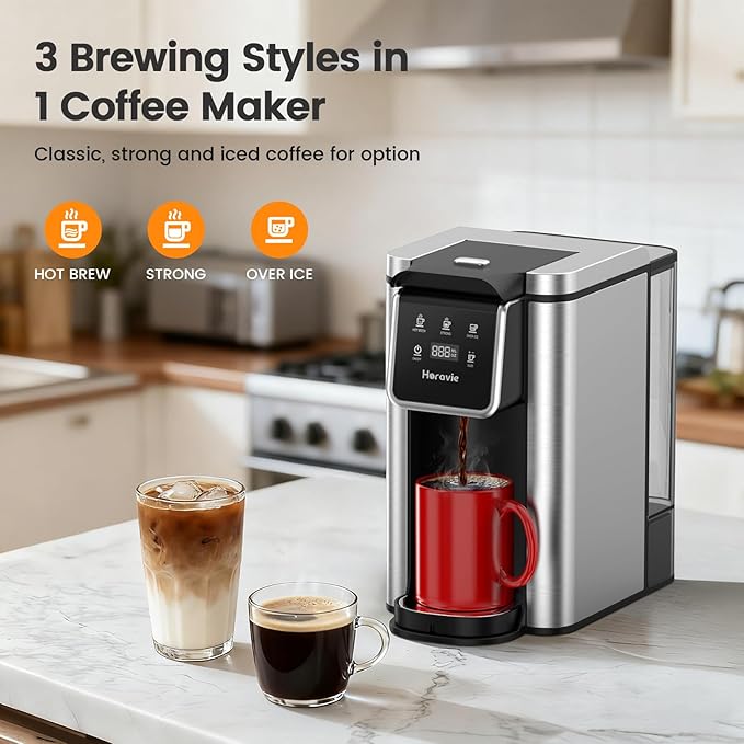 Horavie Single Serve Coffee Maker for K-Cup Pod & Grounds, Hot & Iced Coffee Maker, Strong Button Feature, 6 to 14oz Brew Sizes, 50oz Removable Reservoir, Fit 6.5" Mugs, Stainless Steel, Black - Image 2