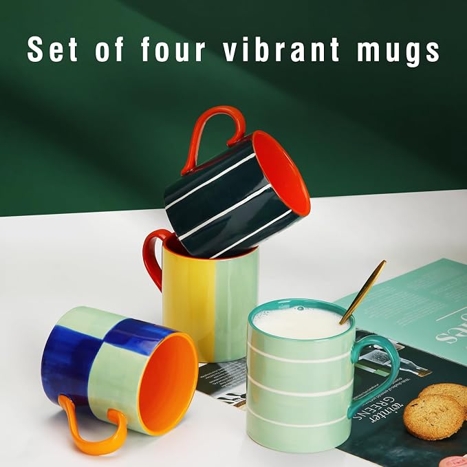 Koja Colorful Hand Painted Ceramic Mugs, 16 oz, Set of 4, Dishwasher Safe | Also microwave safe. Colorful hand painted set makes a great gift for coffee or tea lovers. - Image 5