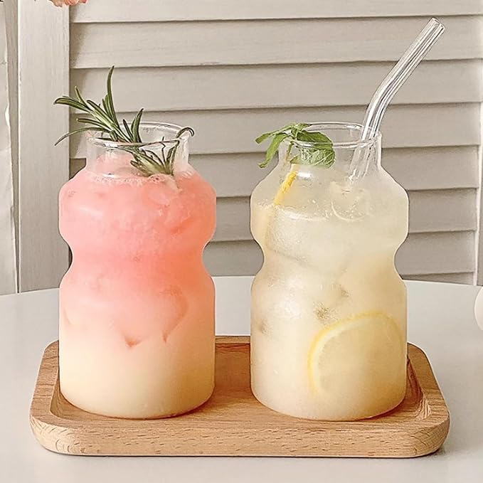 Drinking Glasses 2 Pcs Iced Coffee Glasses 440ML ＆ ML Ripple Shaped Glass Cups, Vintage Tumblers Ribbed Glassware for Water, Soda, Juice, Milk - Image 2