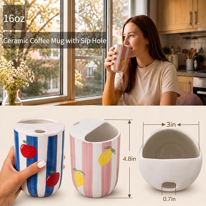 Hushee 2 Pack 16 oz Ceramic Coffee Mugs with Sip Hole, Retro Hand-painted Ceramic Travel Mug, Cute Pattern Pink Blue White Striped Design, Microwave & Dishwasher Safe, Ideal Gifts for Coffee Lovers - Image 2