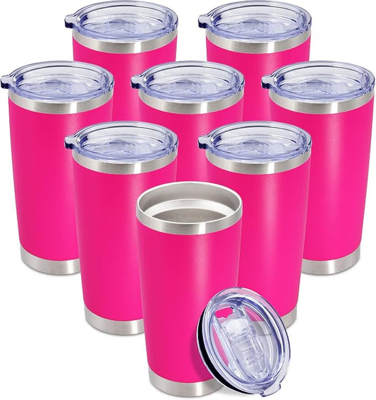 20oz Tumbler Insulated Coffee Tumblers with Lid Stainless Steel Hot Pink 8P | 20 oz Tumblers Double Wall Insulated Vacuum 20oz Coffee Mug Leak Proof Tumblers with Lid Powder Coated - Hot Pink 8 Pack by AEPDTD