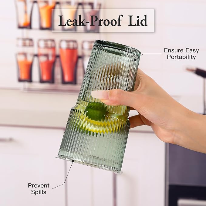 4PCS Green Ribbed Glass Cups with Lids and Straws, 20oz Vintage Drinking Glasses, Aesthetic Iced Coffee Cups, Glass Tumbler for Boba, Beer, Tea, Cocktails, Green Ribbed Glassware Set - Image 4