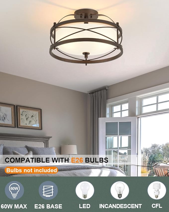 Entryway Drum Light Fixtures, Semi-Flush Mount Rustic Ceiling Light for Hallway Living Room Bedroom Kitchen (Old Bronze Finished) - Image 2