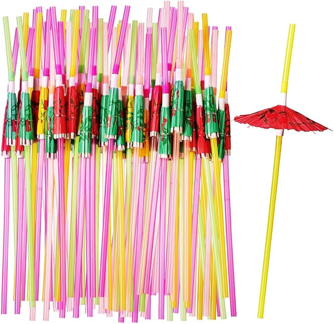 Comfy Package [50 Count] Umbrella Straws, Flexible Plastic Cocktail Straws - Assorted Colors Swizzle Sticks - Fancy Mini Umbrella Drinking Straws for Hawaiian Beach Cocktail Luau Party Decor by ComfyPackage