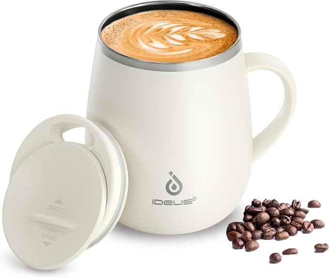 Ideus 16 oz Insulated Coffee Mug with Handle and Lid, Double Wall Stainless Steel Vacuum Thermal Coffee Mug, Travel Coffee Cup Thermal Cup for Home and Office, White by IDEUS