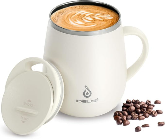 Ideus 16 oz Insulated Coffee Mug with Handle and Lid, Double Wall Stainless Steel Vacuum Thermal Coffee Mug, Travel Coffee Cup Thermal Cup for Home and Office, White by IDEUS