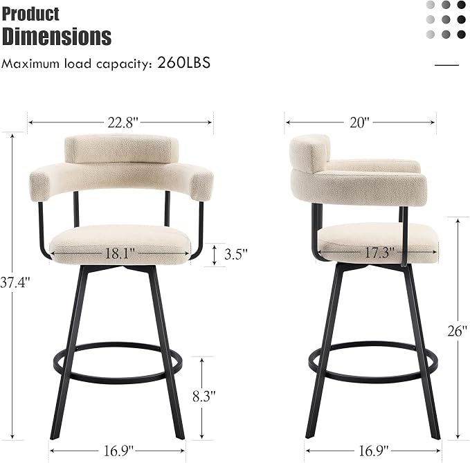 Flouki Swivel Bar Stools with Backs and Arms, Modern Bar Stools Set of 2 for Kitchen Island, 26" Upholstered Linen Counter Height Bar Stools for Kitchen Counter, Dining Room, Beige - Image 2