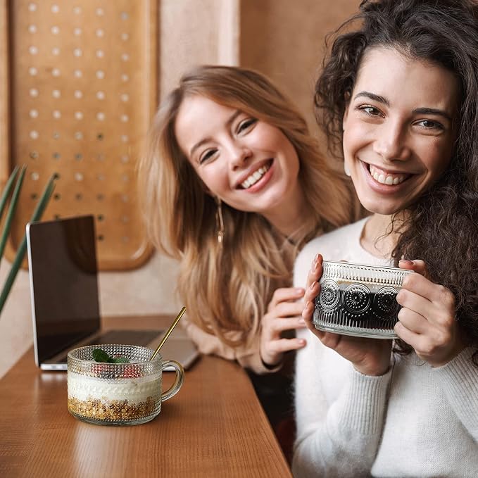 Vintage Coffee Mugs, Overnight Oats Containers with Bamboo Lids and Spoons - 14oz Clear Embossed Glass Cups, Cute Coffee Bar Accessories, Iced Coffee Glasses, Ideal for Cappuccino, Latte, 2 Pack - Image 5