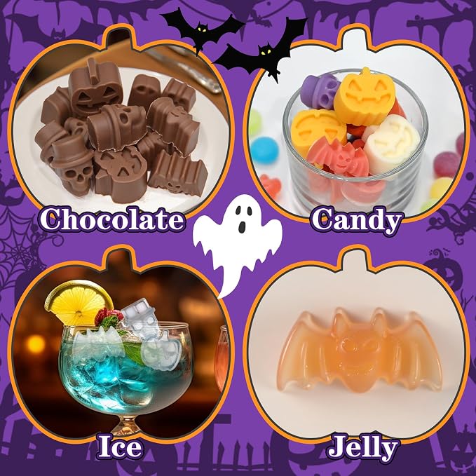 Halloween Chocolate Molds, 2 Pack Halloween Silicone Candy Mold 36 Cavity | Small Pumpkin Silicone Mold Skull Gummy Molds and Bat Design for Chocolate Candy Jelly Ice Cube Cookies, Trick or Treat Party - Image 3