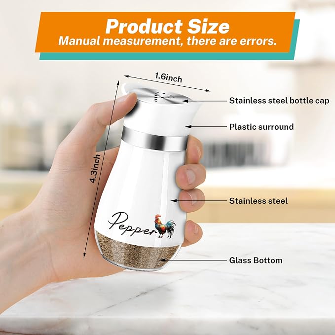 Arrozon Rooster Salt and Pepper Shakers - 4 oz Glass Set, Steel Lids | Rooster Design with Glass Bottoms and Stainless Steel Lids Adds Farmhouse Charm to Kitchen Counters and Makes Refilling Easy. - Image 2